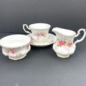 Vintage Royal Albert Lavender Rose Tea set 4pc Cup &Saucer, Creamer & Sugar Bowl
